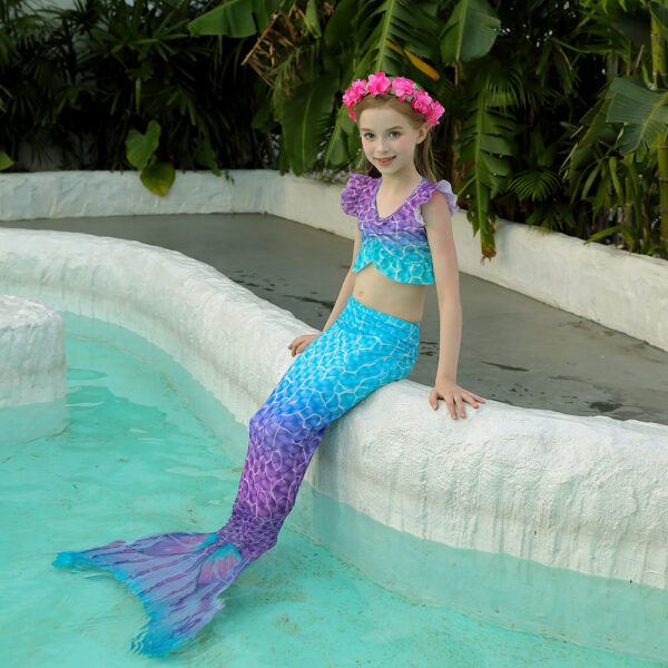 Blue Coral Mermaid Tail Swimsuit Set For Girls