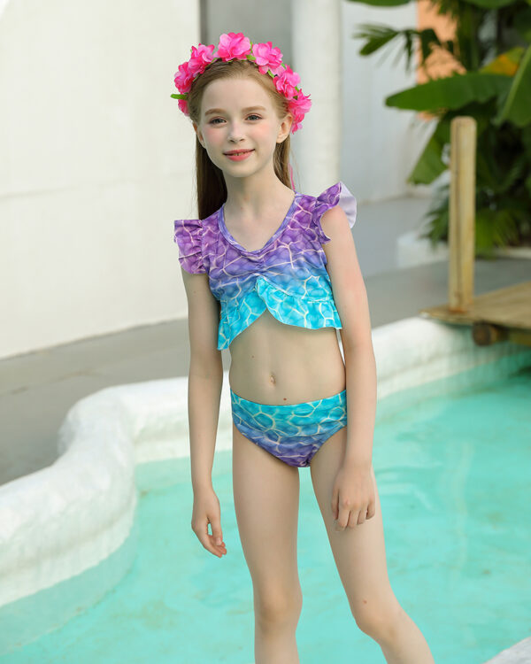 Blue Coral Mermaid Tail Swimsuit Set For Girls